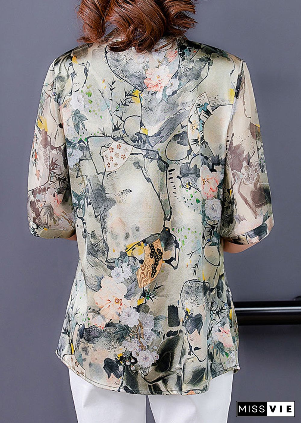 Fashion V Neck Print Button Silk Shirts Short Sleeve