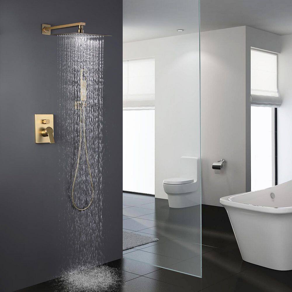 IHOMEadore 1-Spray Square Wall Bar Shower Kit with Hand Shower in Brushed Gold MD-RCS85018BG