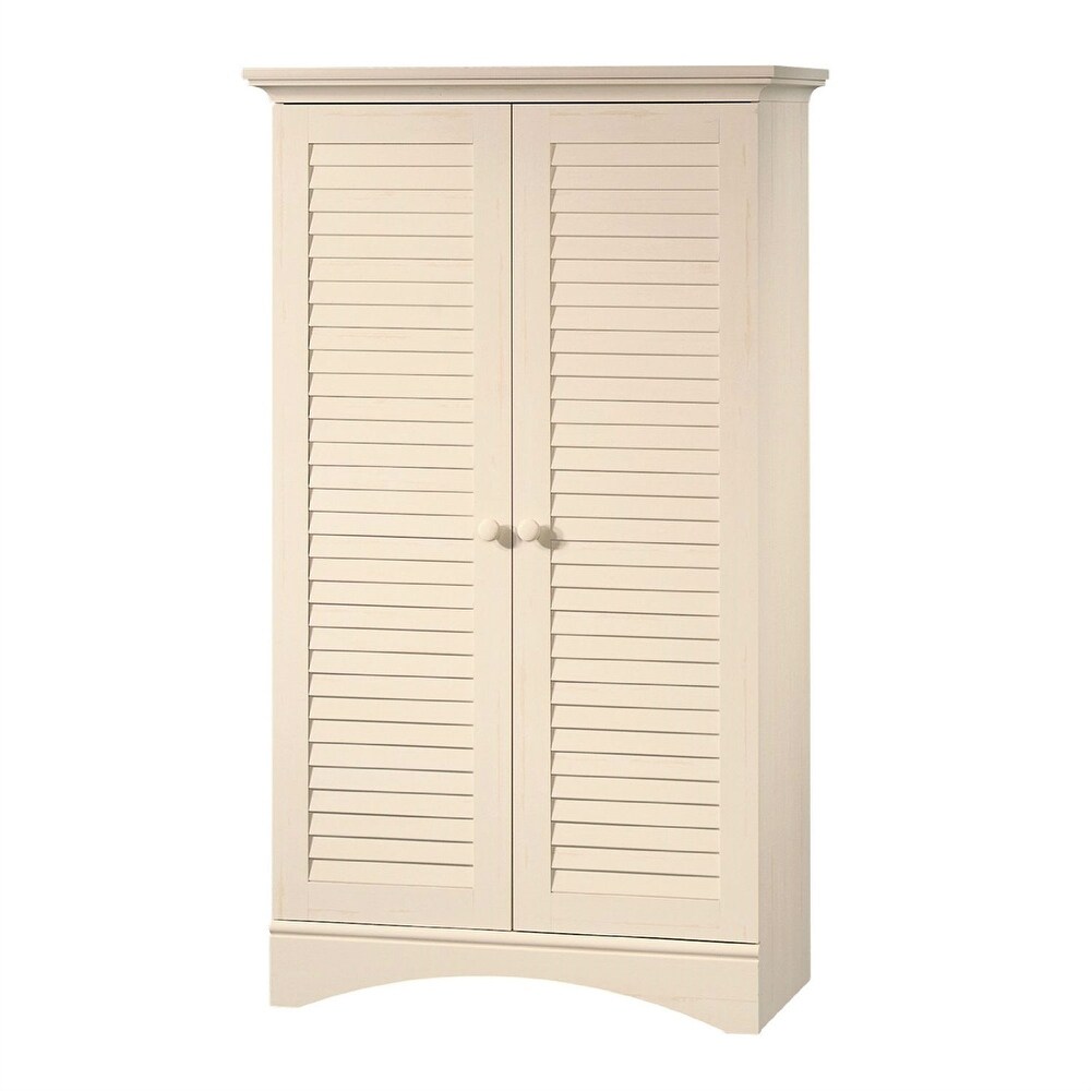 Vintage Antique White Wood Finish Wardrobe Armoire Storage Cabinet with Louver Doors   35.4\