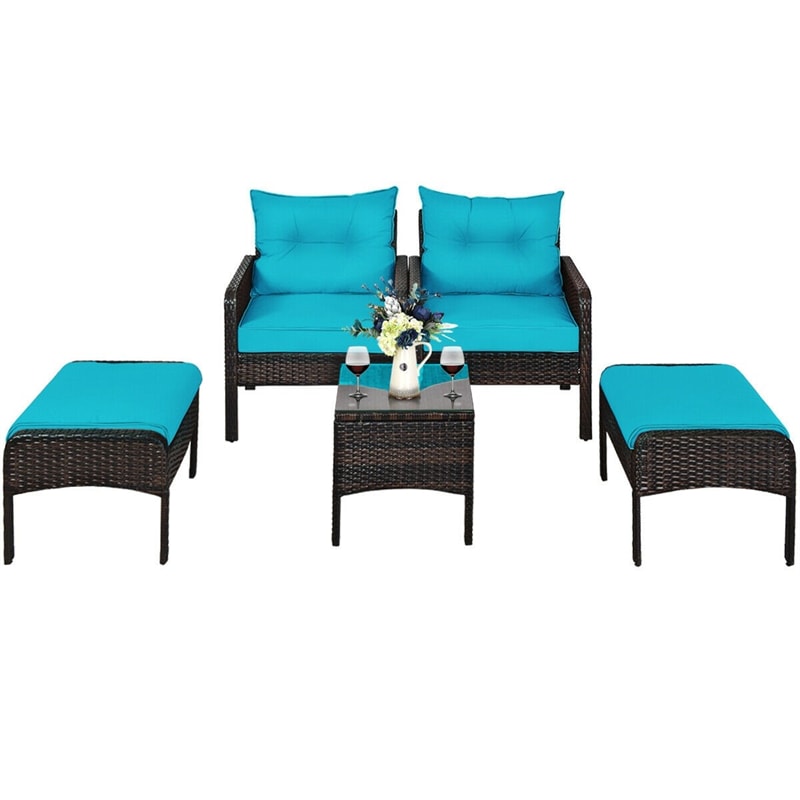 5 Pcs Rattan Patio Conversation Sets with Ottomans & Coffee Table, Wicker Outdoor Bistro Set