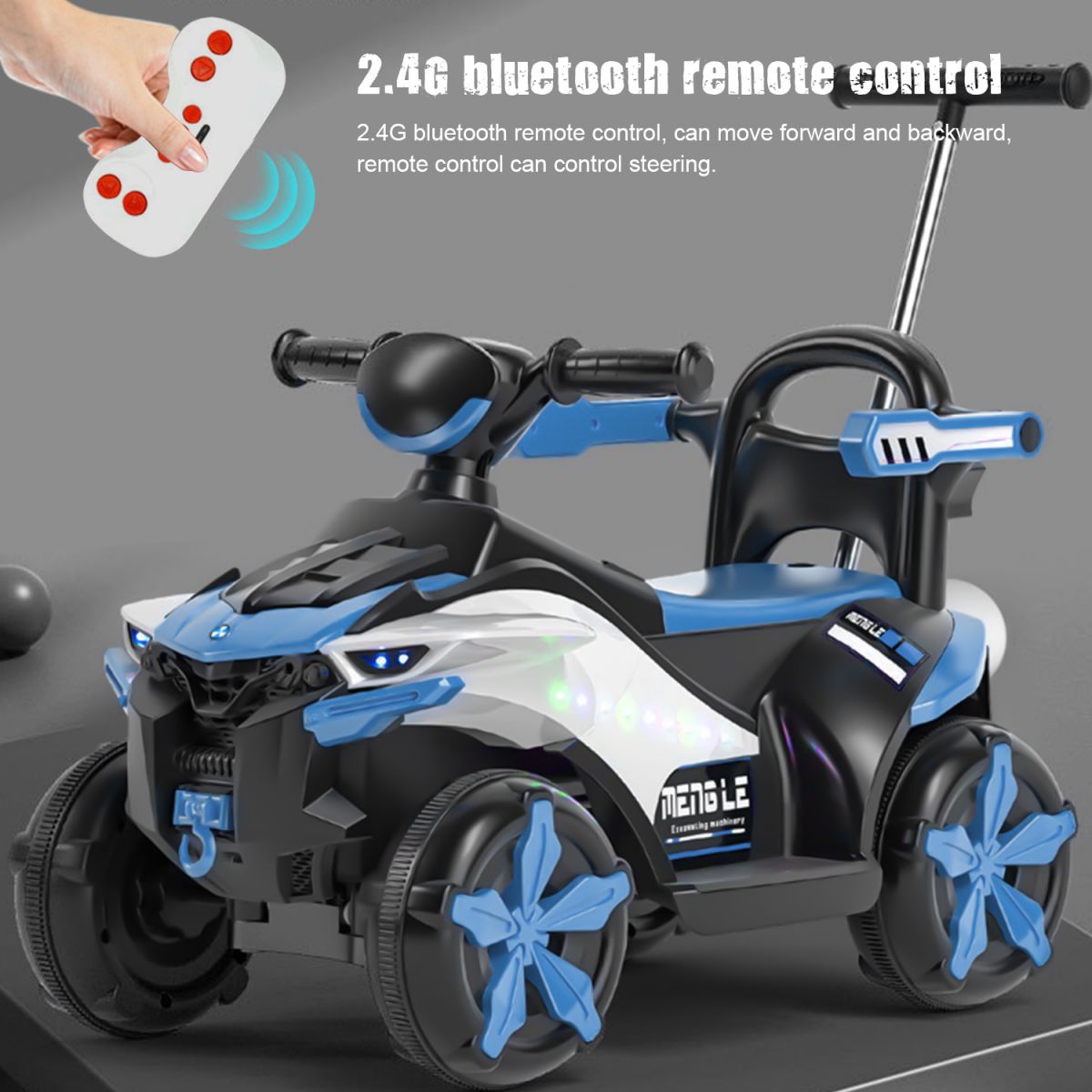 Track 7 Kids Ride on ATV,4-Wheeler ATV Quad Car w/Remote Control,Ride on Electric Vehicle for Toddlers Boys Girls,with Push Handle,Safe Guardrail,6V Electric ATV Ride on Toy Car,Music,USB,Lights,Blue