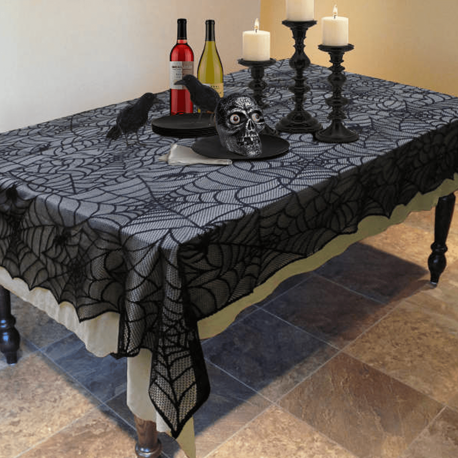 Fun Little Toys 2 PCs Halloween Tablecloth， Black Lace Spiderweb Fireplace Mantle and Tablecloth， Halloween Party Supplies， Halloween Party Decorations， Halloween Indoor Decorations