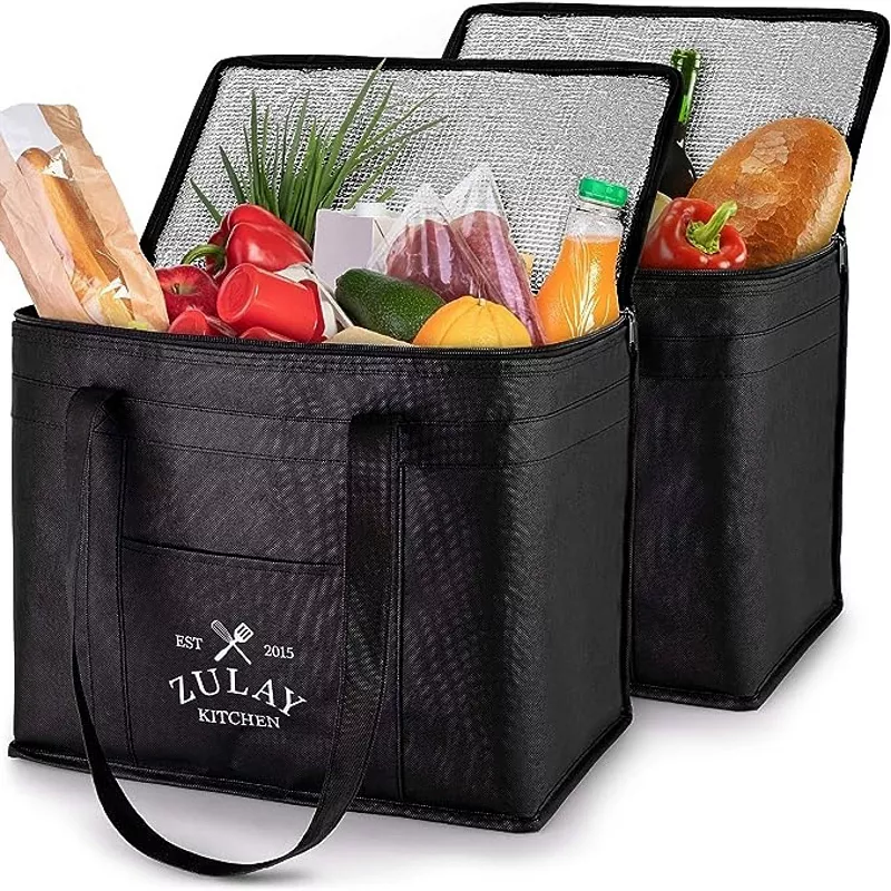 2 Pack Reusable Insulated Food Delivery Bag With Longer Handles and Reinforced Bottom