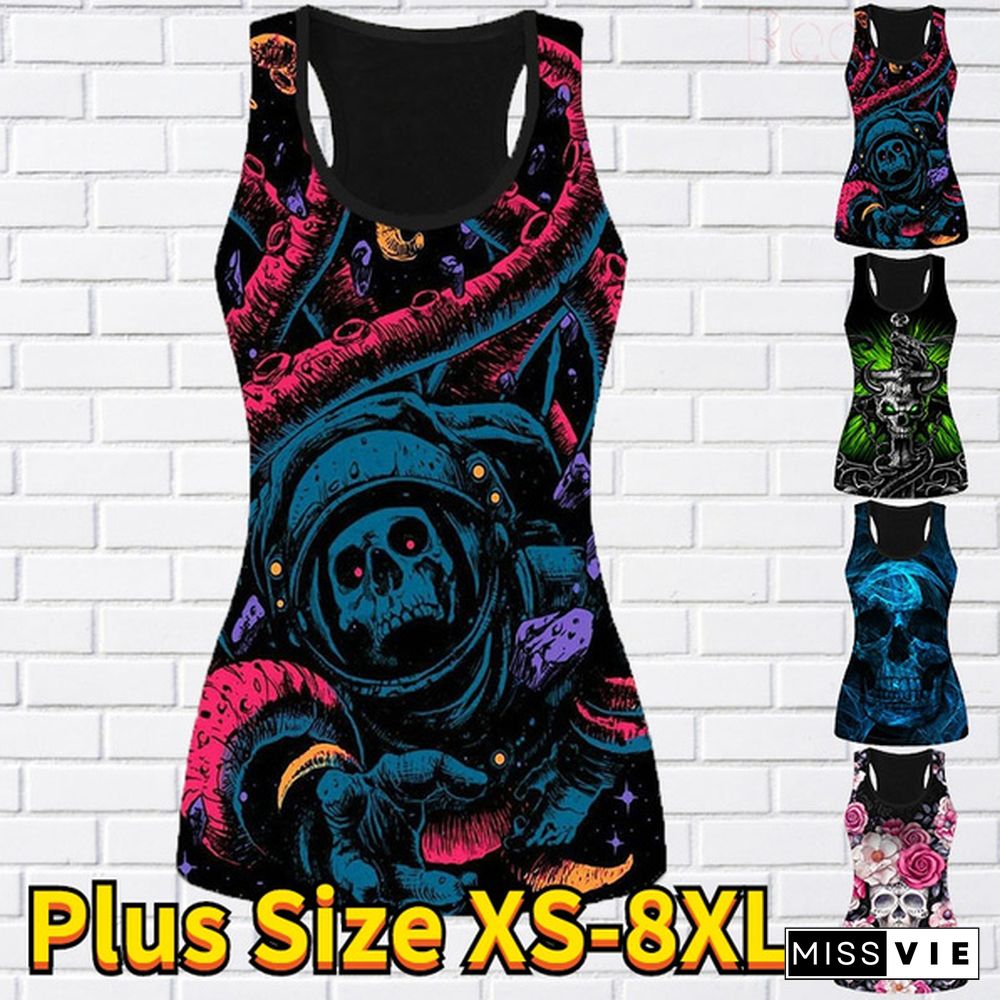 Women's Fashion 3D Skull Print Hollow Out Tank Top Summer Sleeveless Graphic Punk Shirt Slim Fit Cotton Gothic Tee Tops Plus Size Vest XS-8XL