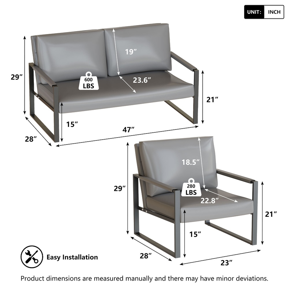 Mieres Mid Century Style 3 Piece PU Leather Living Room Sofa Set Including 2 Armchairs and 1 Loveseat Sofa