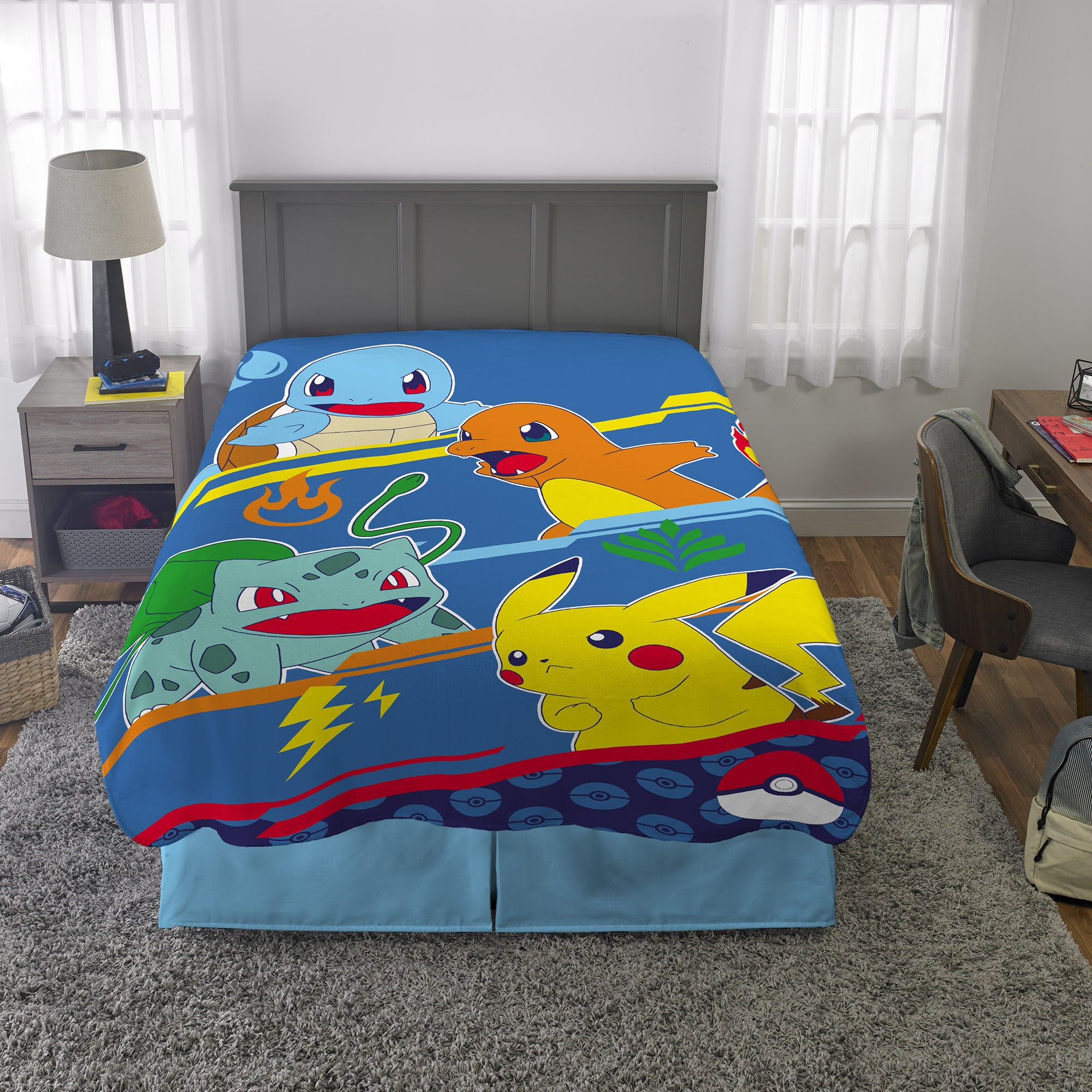 Pokemon Kids Plush Twin/Full Blanket， 62 x 90 ， Blue