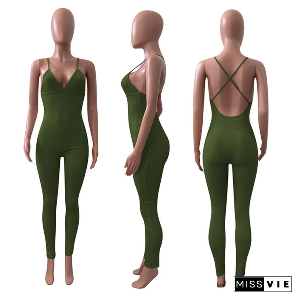 Women Sleeveless V-Neck Solid Ribbed Open Back Cross Summer Activewear Sexy One Piece Jumpsuit