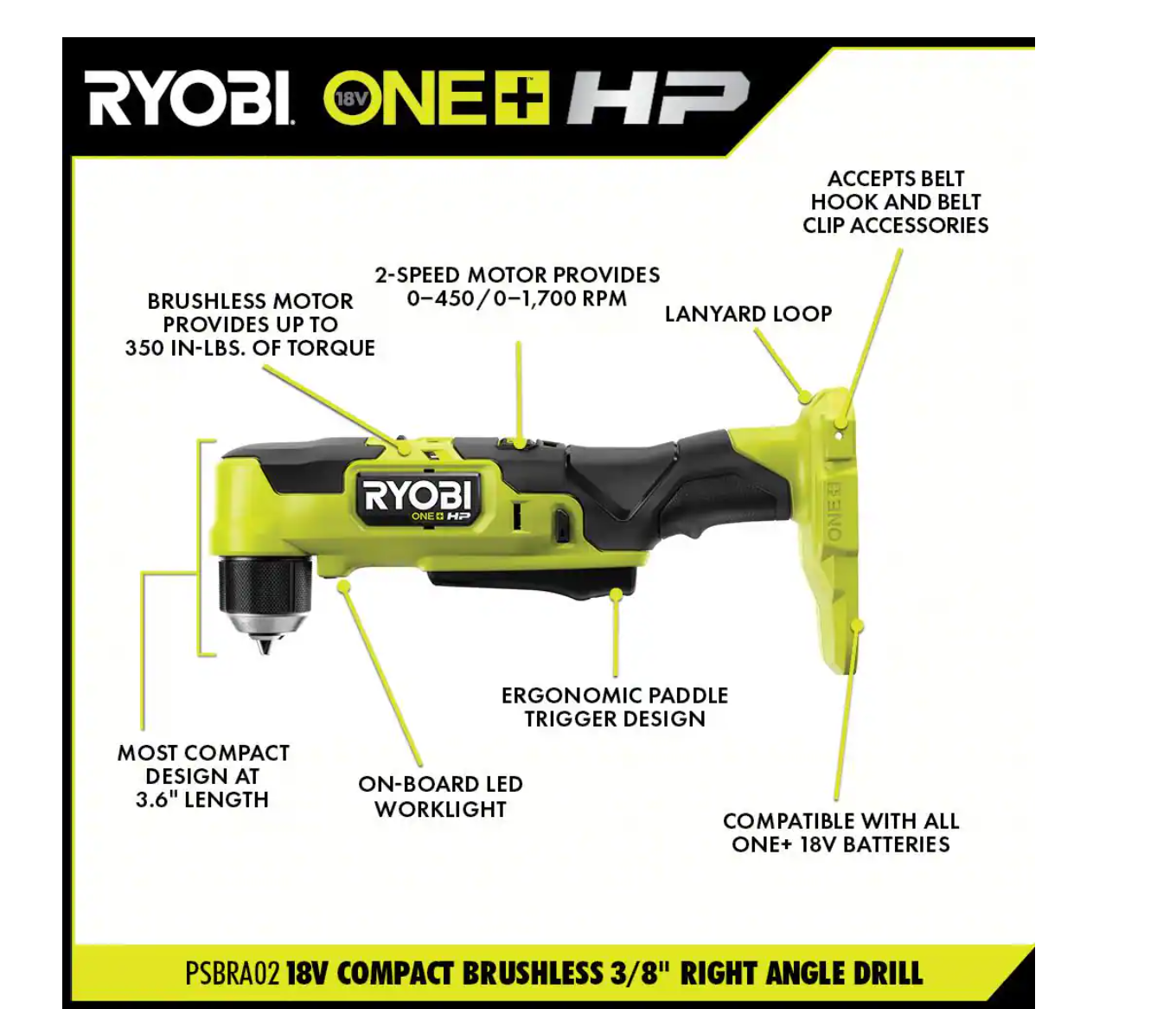 RYOBI PSBRA02B-PSBCS02B ONE+ HP 18V Brushless Cordless Compact 2-Tool Combo Kit with 3/8 in. Right Angle Drill and Cut-Off Tool (Tools Only)