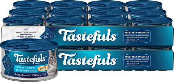 Blue Buffalo Tastefuls Chicken Entrée Mature Cats Pate Wet Cat Food， 3-oz can， case of 24