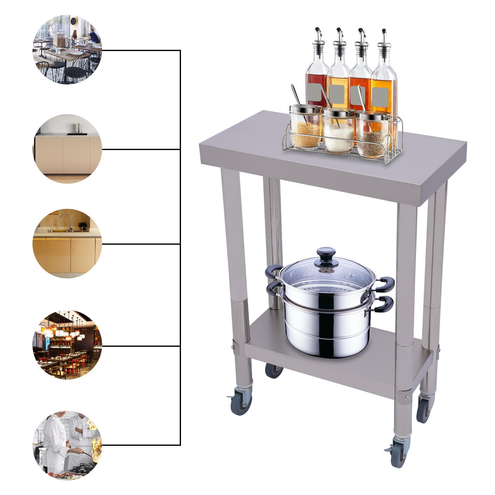 Oukaning Commercial Stainless Steel Kitchen Work Prep Table with Wheels and Shelf Home/Commercial Use 23.62*11.81*33.46in