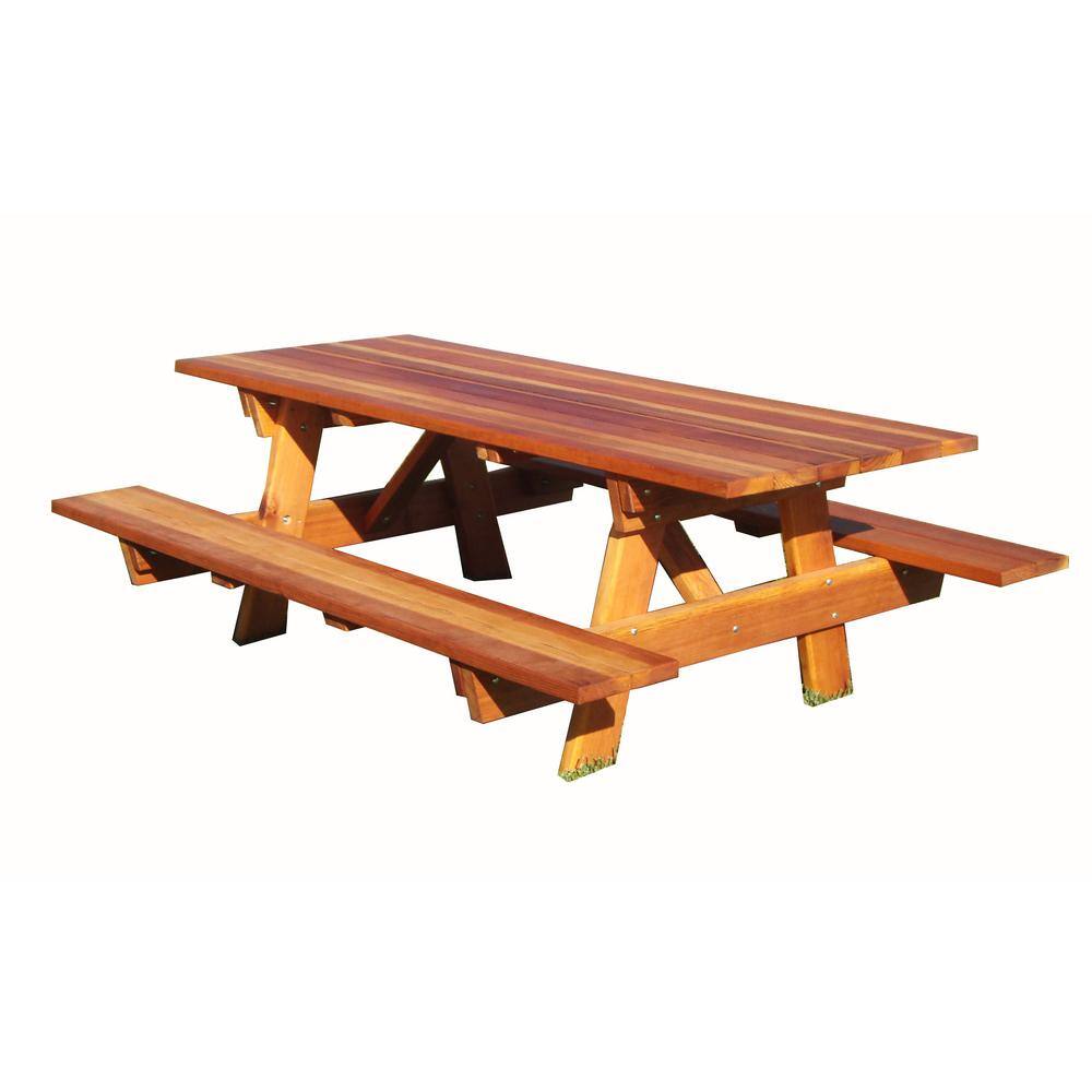 Outdoor 1905 Super Deck Finished 6 ft. Redwood Picnic Table with Attached Benches PTACHBB-6SC1905