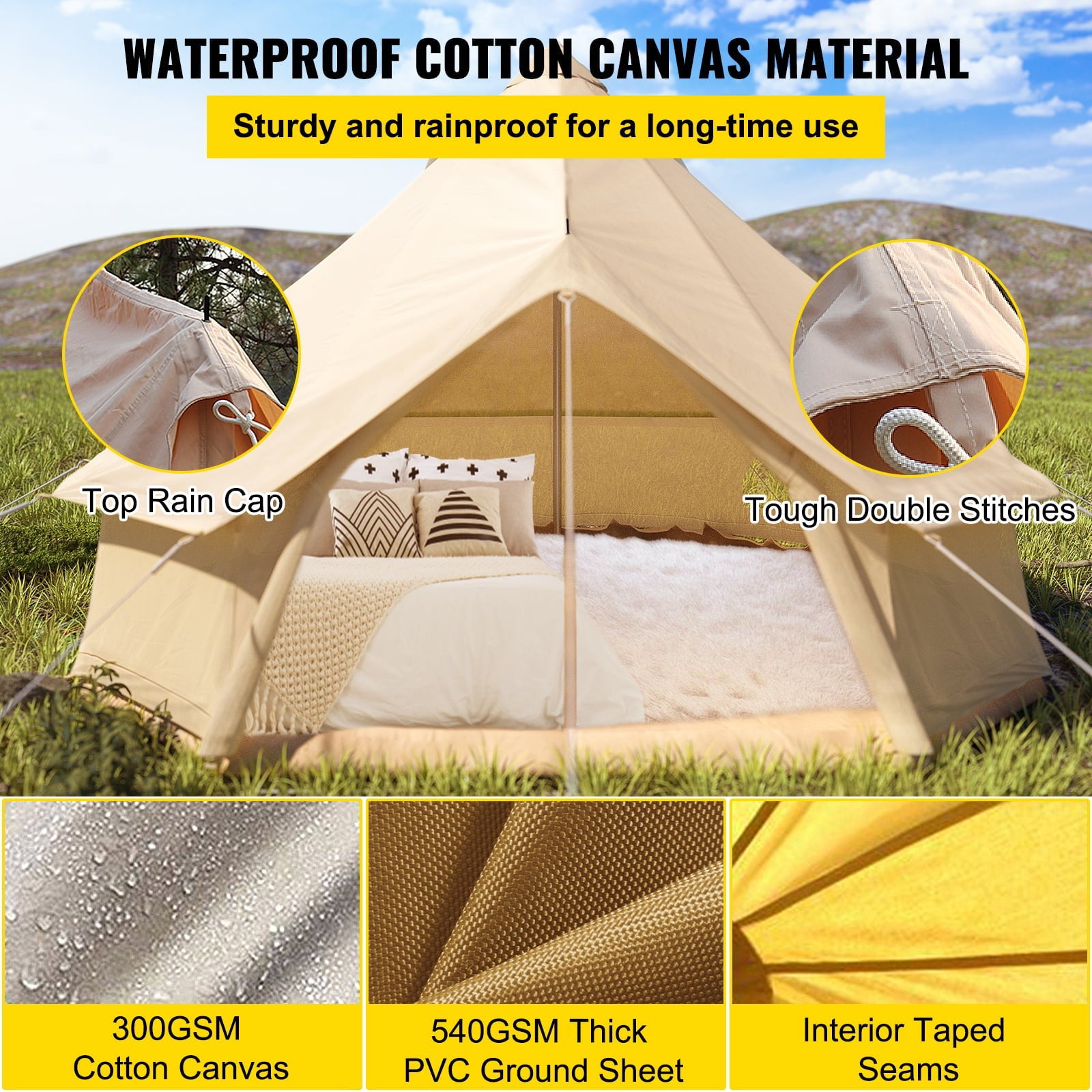 VEVORbrand Canvas Bell Tent 19.7ft Cotton Canvas Tent with Wall Stove Jacket Glamping Tent Waterproof Bell Tent for Family Camping Outdoor Hunting in 4 Seasons