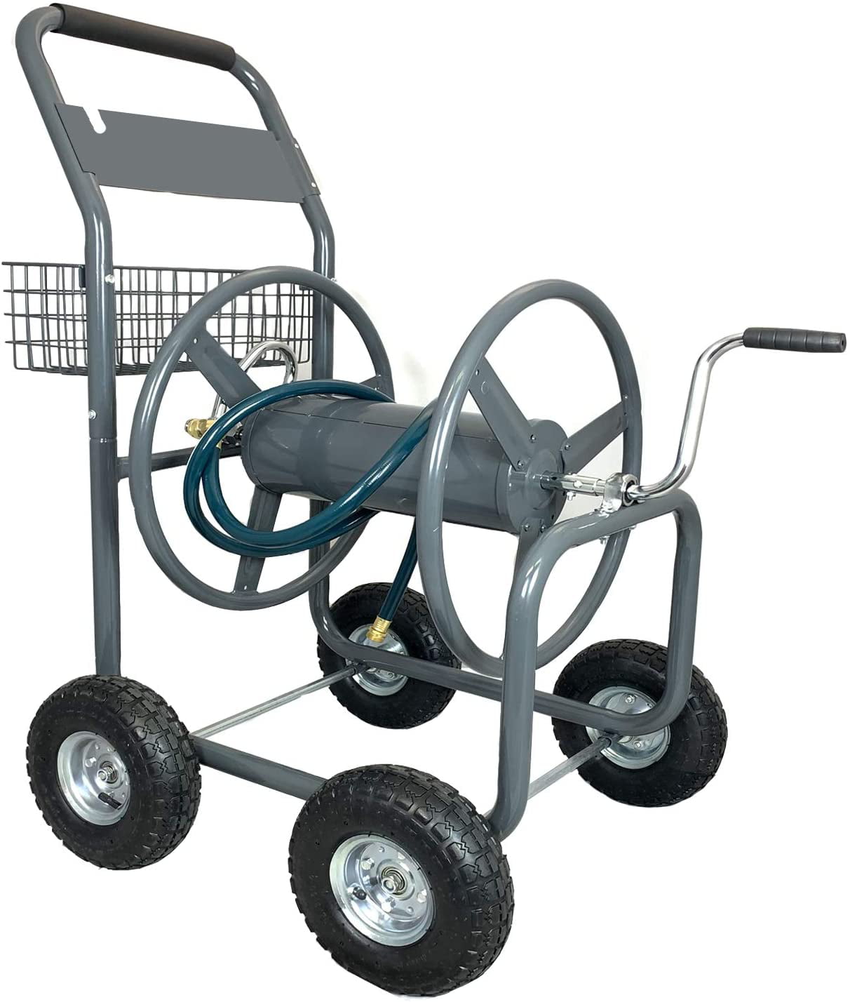 Ashman Online， Garden Hose Reel Cart - 4 Wheels Portable Garden Hose Reel Cart with Storage Basket.