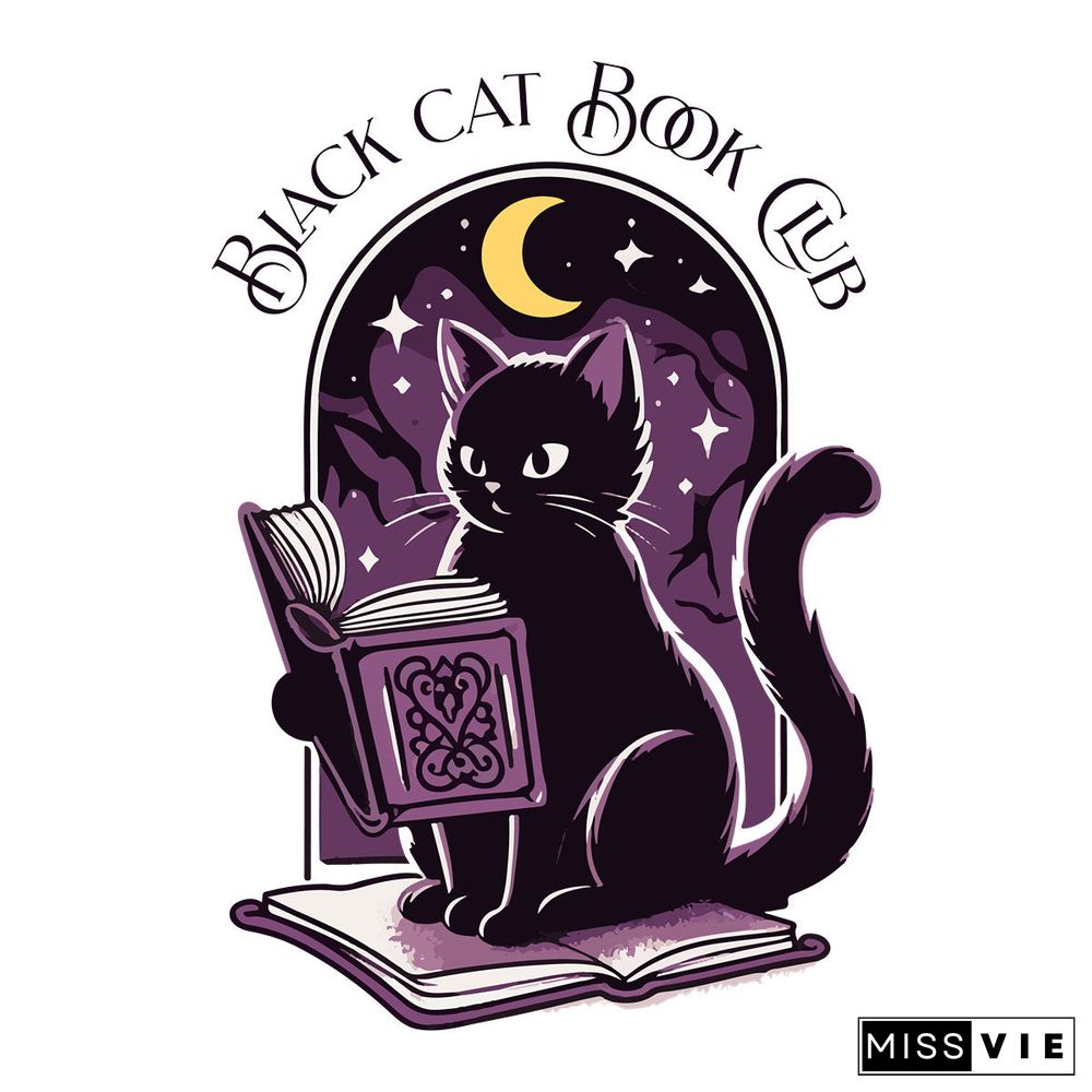 Black Cat Book Club Halloween T-Shirt - Whimsical Cat Reading, Night Sky, Purple & Black Tee, Cat Halloween, Vintage Halloween Tee, Retro