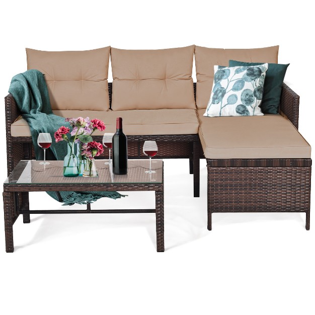 Tangkula 3pc Outdoor Furniture Set Rattan Wicker Sofa Table Deck Garden Patio