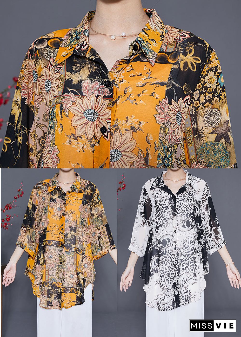 Handmade Yellow Oversized Print Chiffon Shirts Summer