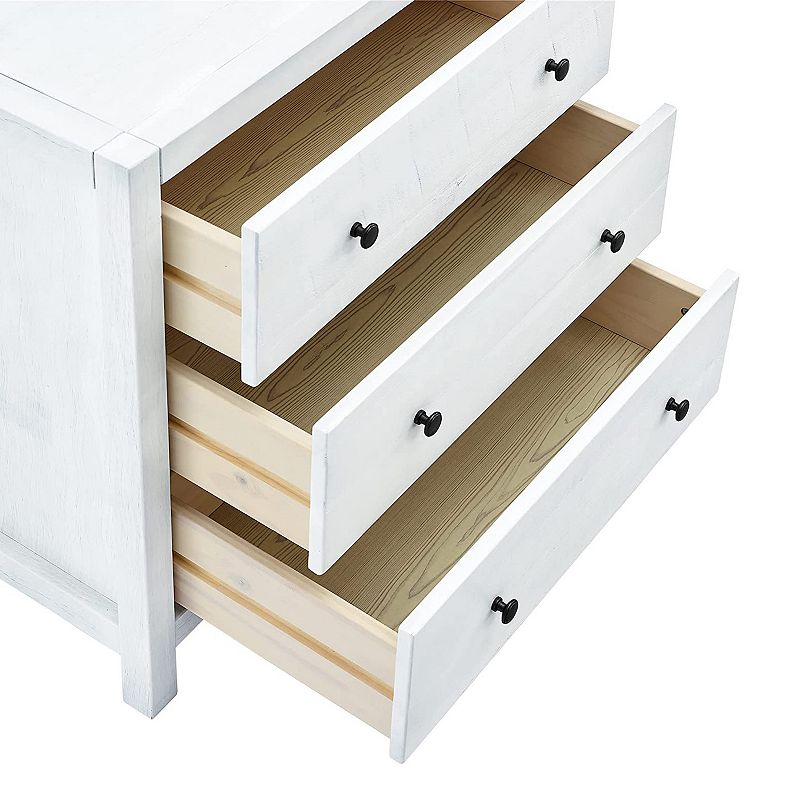 MUSEHOMEINC Rustic Solid Wood 3 Drawer Storage Dresser Nightstand， White Washed