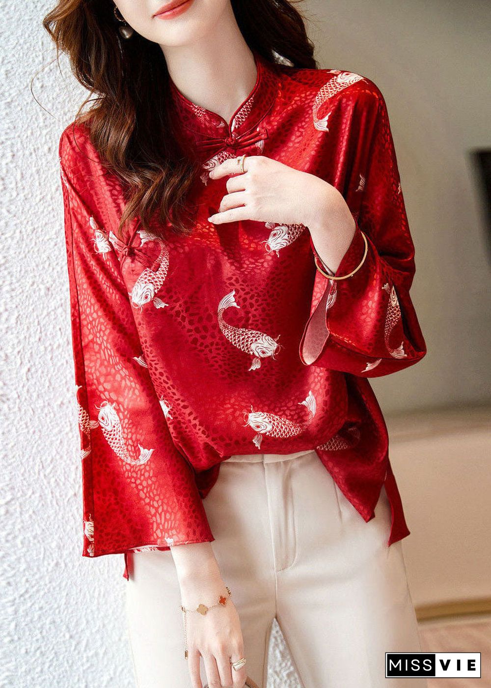 Beautiful Red Stand Collar print Silk Blouse Tops flare sleeve