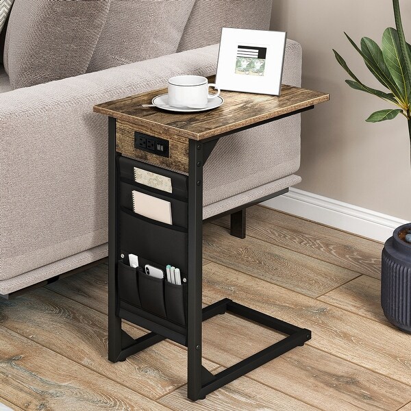 Gymax 2PCS C Shaped End Table Sofa Side Table with Charging Station and