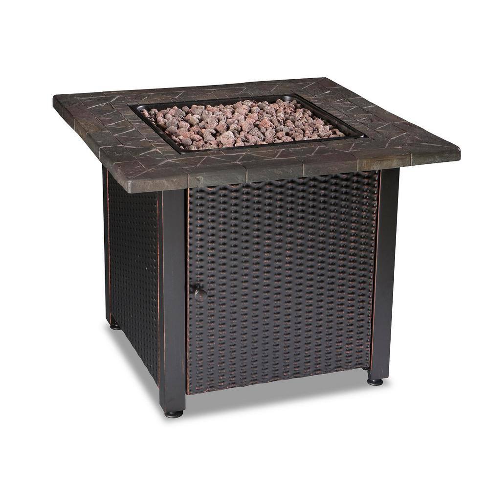 Endless Summer 30 in. W Bronze Finish Steel Base Faux Slate Mantel LP Gas Fire Pit with Electronic Igition and Lava Rocks GAD1401M