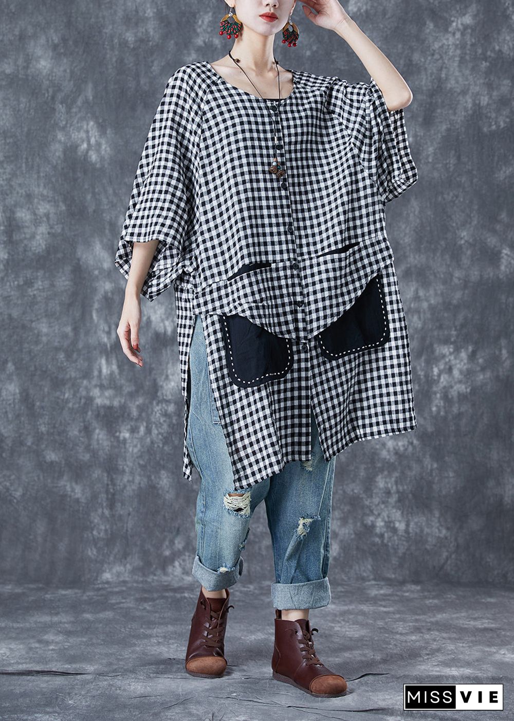 Grey Plaid Cotton Shirts Oversized Side Open Summer