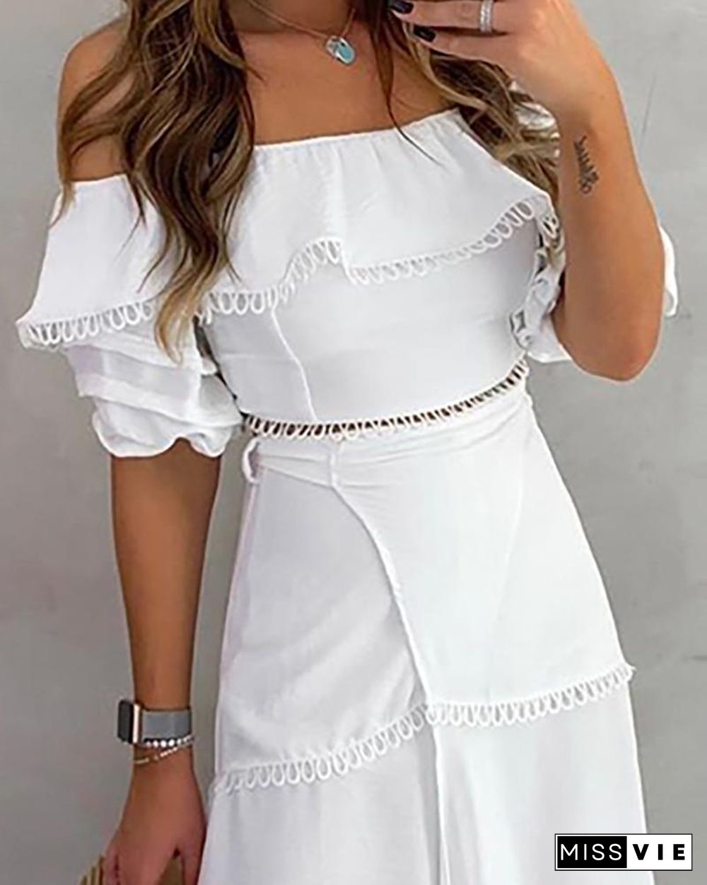 Off Shoulder Scallop Trim Top & Slit Skirt Set