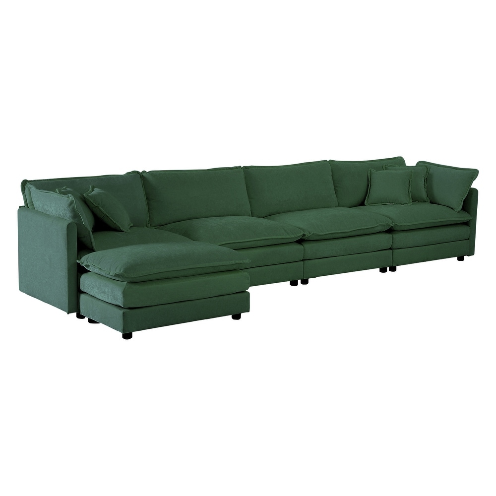 Convertible Sectional Sofa Green Chenille Sleeper Sofa w/ Ottomans