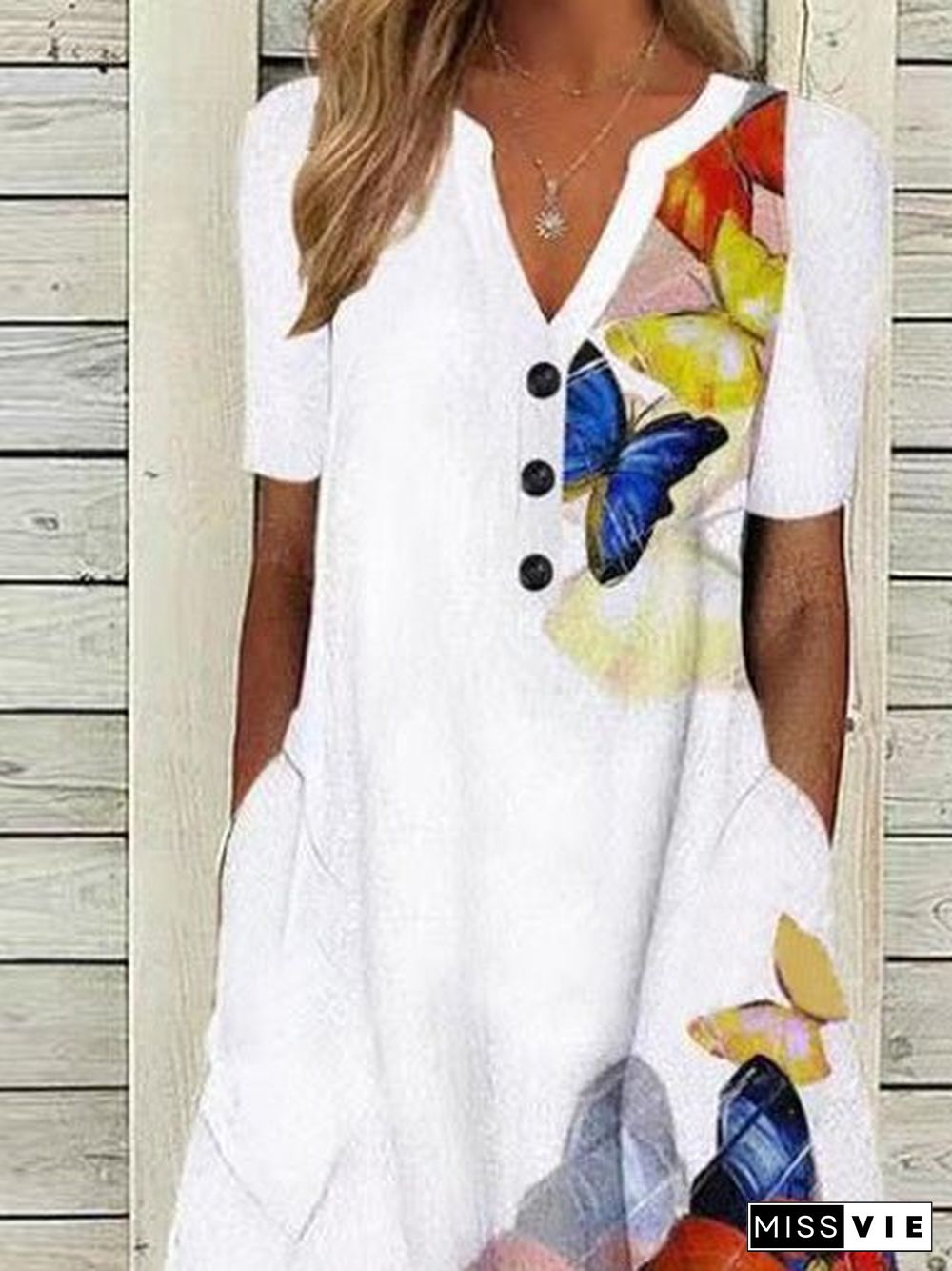 Women'S Dresses Butterfly Print V-Neck Button Short Sleeve Pocket Dress