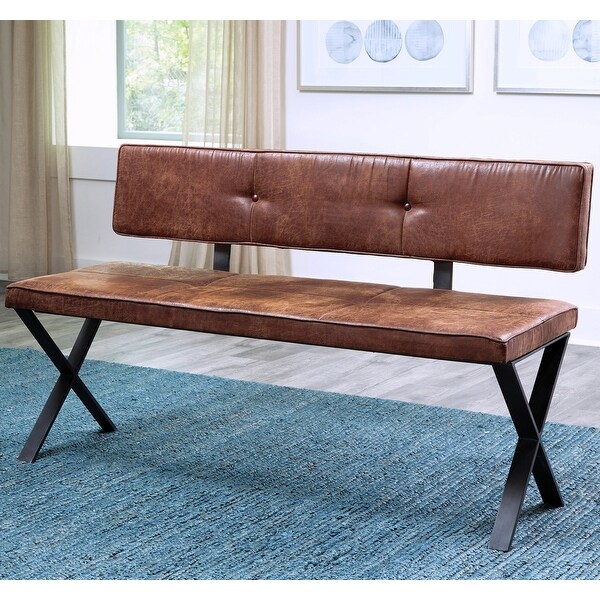 Vintage Brown Upholstered and Metal Frame Dining Bench