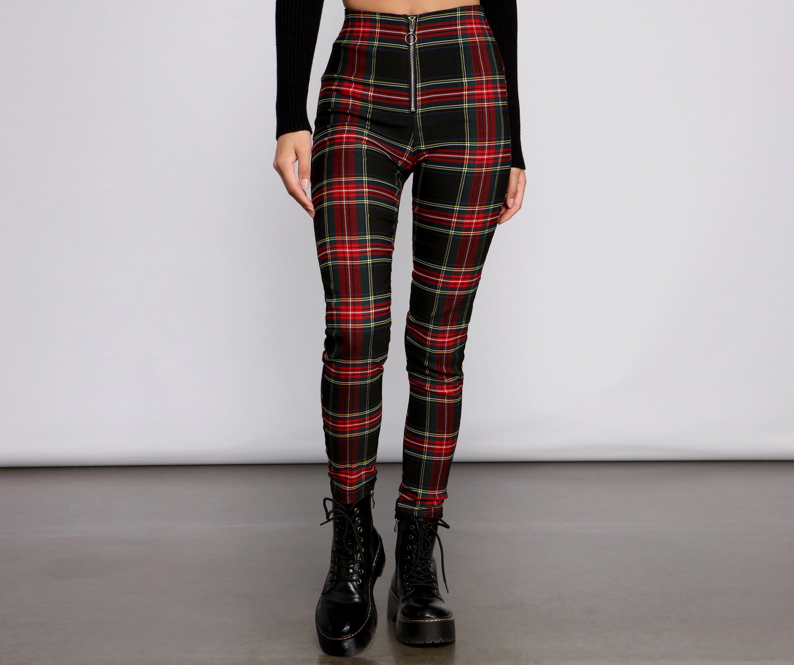 High Waist Plaid Zip Front Pants