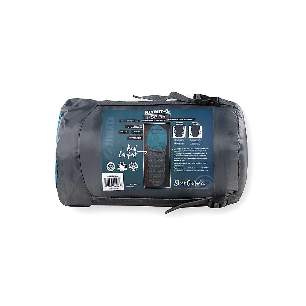 Klymit KSB 35 Three Season Down Hybrid Mummy Sleeping Bag, 82x30in, Teal/Gray