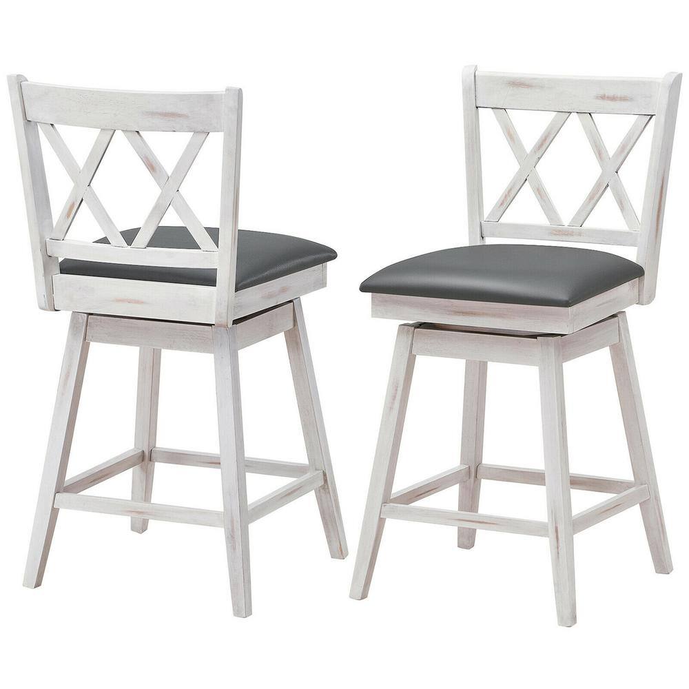 Gymax 38 in. H (Set of 2) Barstools Swivel Counter Height Chairs wRubber Wood Legs White GYM07352