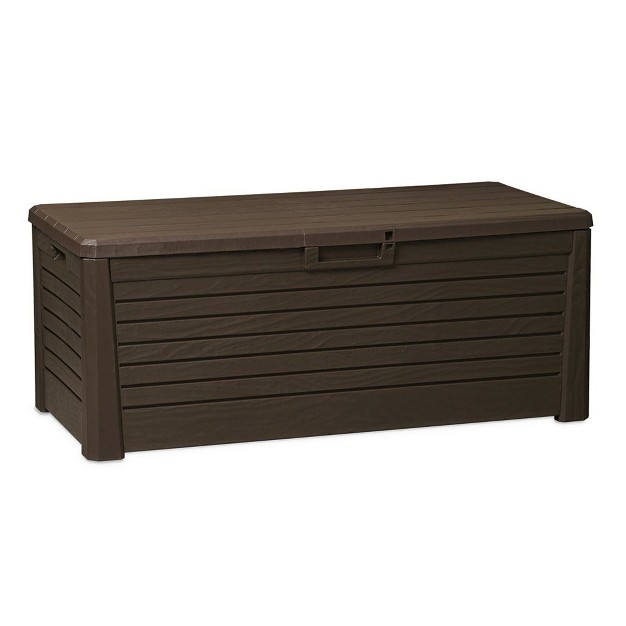 Toomax Florida Weather Resistant Heavy Duty 145 Gallon Novel Plastic Outdoor Storage Deck Box With Lockable Lid And 793 Pound Weight Capacity Brown