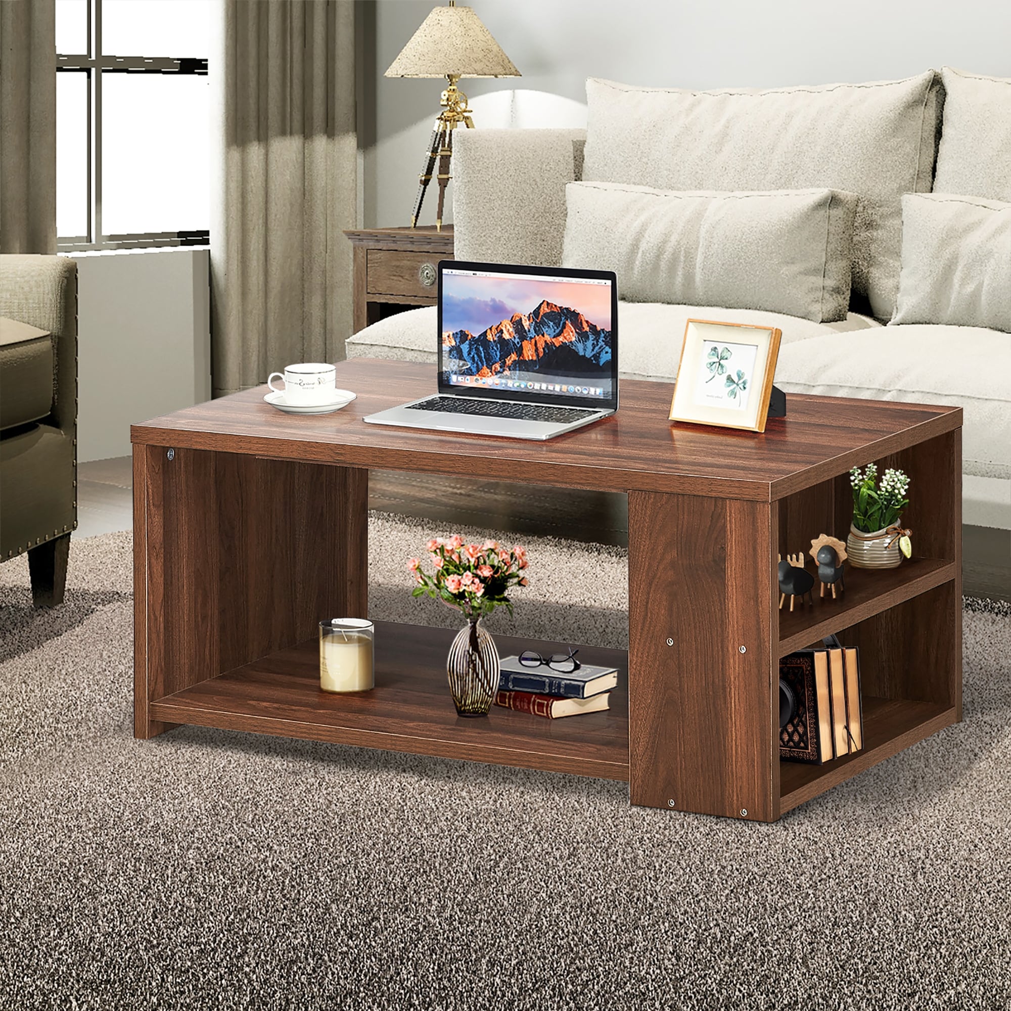 Coffee Table with 2 Storage Shelves Sofa Side Table with Stable Frame