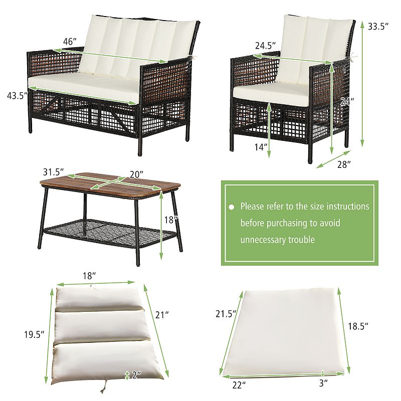 4 Pieces Patio Rattan Furniture Set with 2-Tier Coffee Table-White