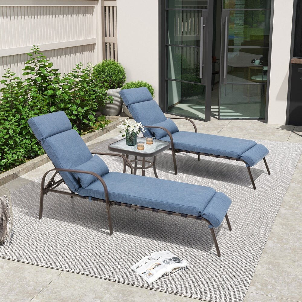 Patio Adjustable Chaise Lounge Set  Outdoor Recliners with Cushion   Pillow and Table (Set of 3)