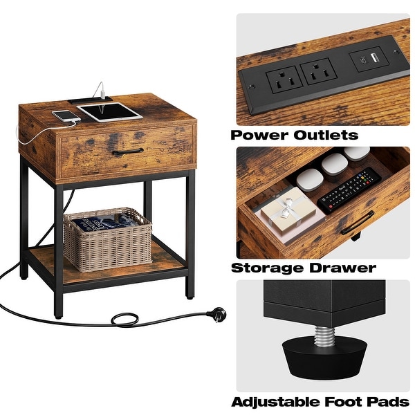 Nightstand-Bedside Table with Charging Station Type-CandUSB Ports， Modern End Table