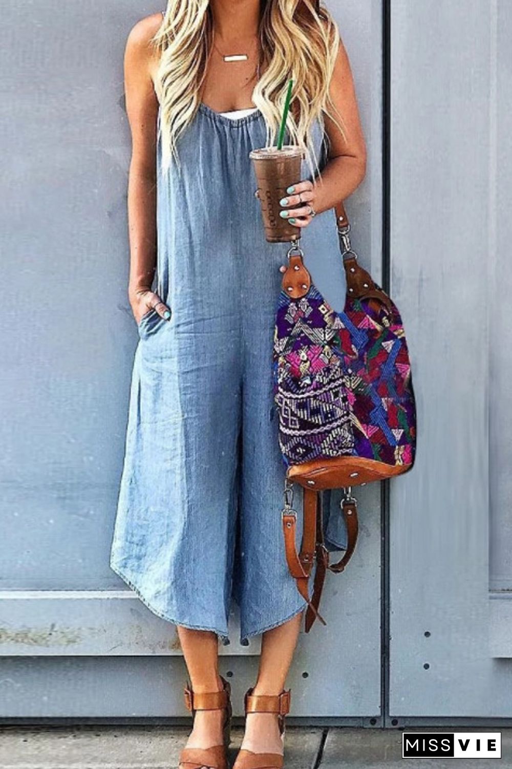 Denim Wide Leg Suspenders Jumpsuit