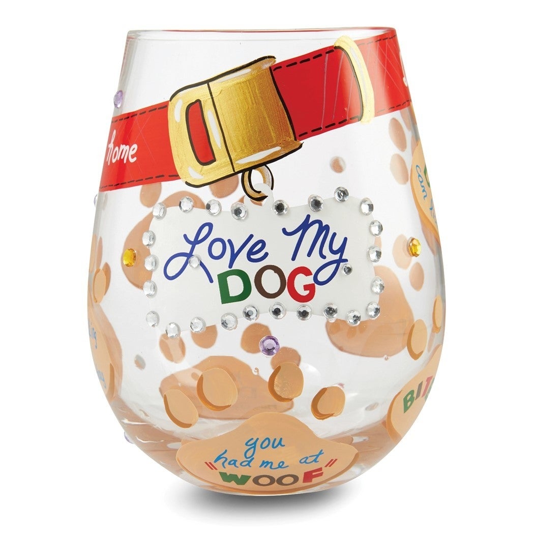 Curata Hand-Painted Love My Dog Stemless Wine Glass