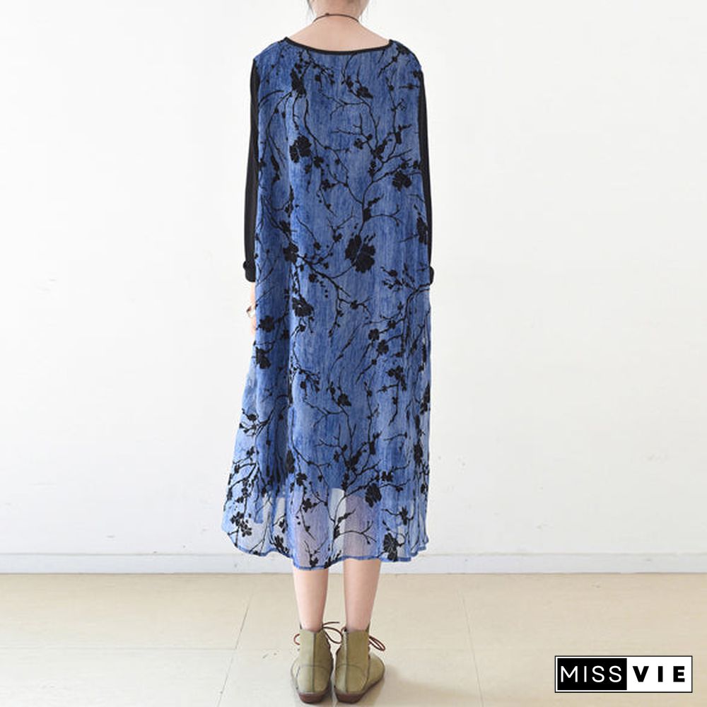 royal blue spring dresses plum flowers print chiffon dress long maxi dresses layered