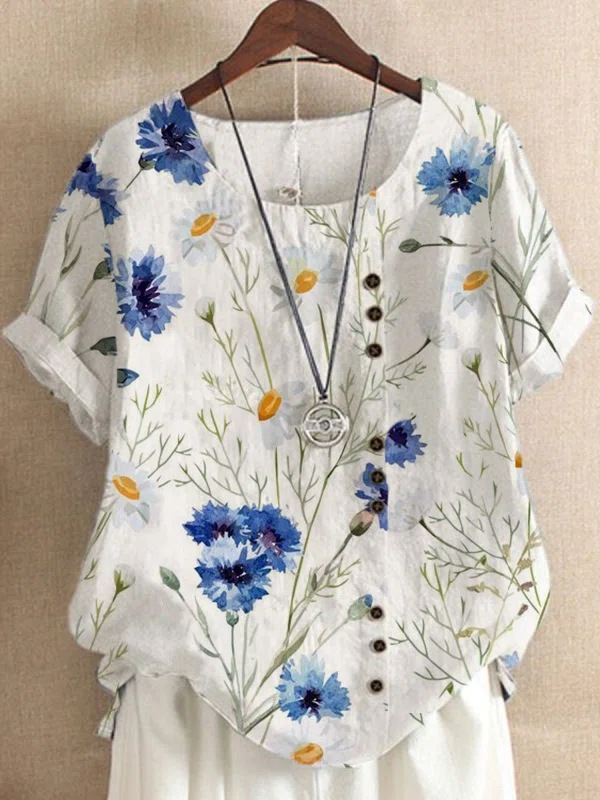 Cotton Marguerite Flower Print Short Sleeve Shirt