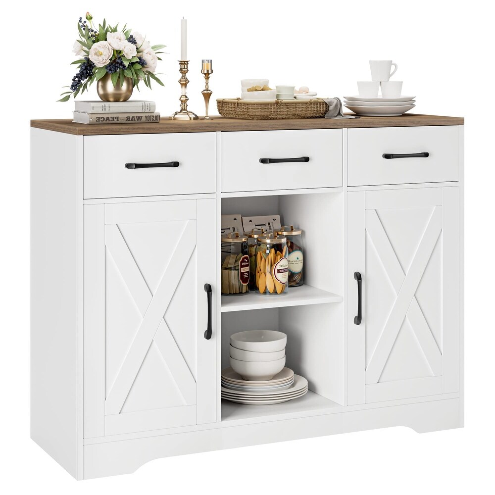 Modern Farmhouse Buffet Storage Cabinet  Barn Doors Wood Sideboard with Drawers and Shelves For Coffee Bar  Kitchen  Dining Room