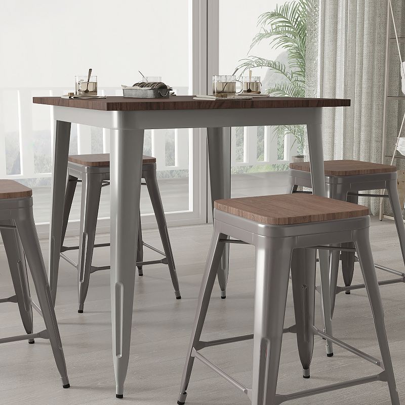 Merrick Lane Set of 4 Hamburg 24 Inch Tall Clear Coated Metal Bar Counter Stool With Textured Elm Wood Seat