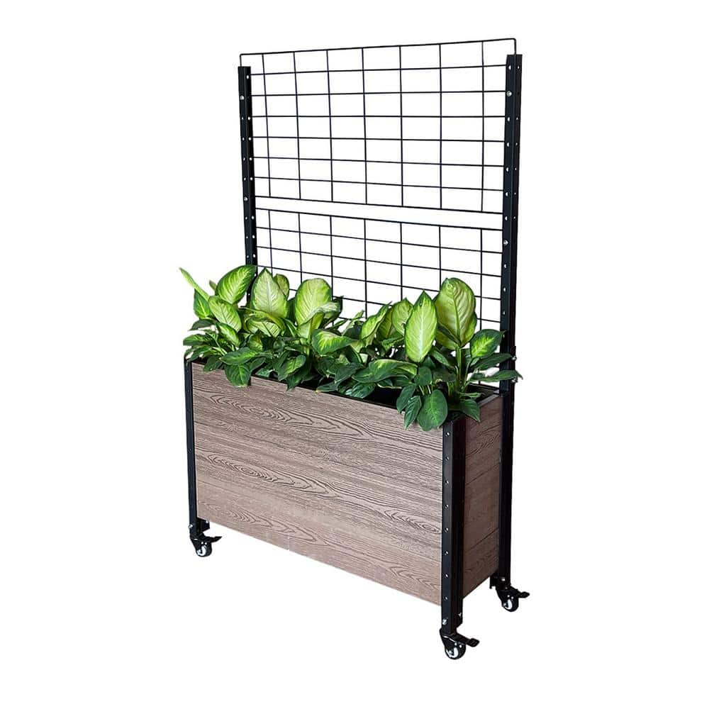 EverBloom 12 in. D x 57 in. H x 36 in. W Brown and Black Composite Mobile Deep Trough Planter Box Raised Garden Bed and Trellis K2121