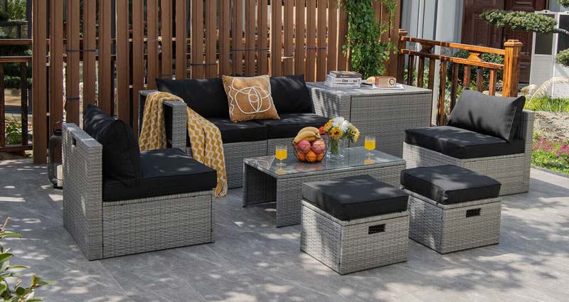 8 Pcs Rattan Patio Sectional Furniture Set Wicker Outdoor Cushioned Sofa Set with Storage Box & Waterproof Cover