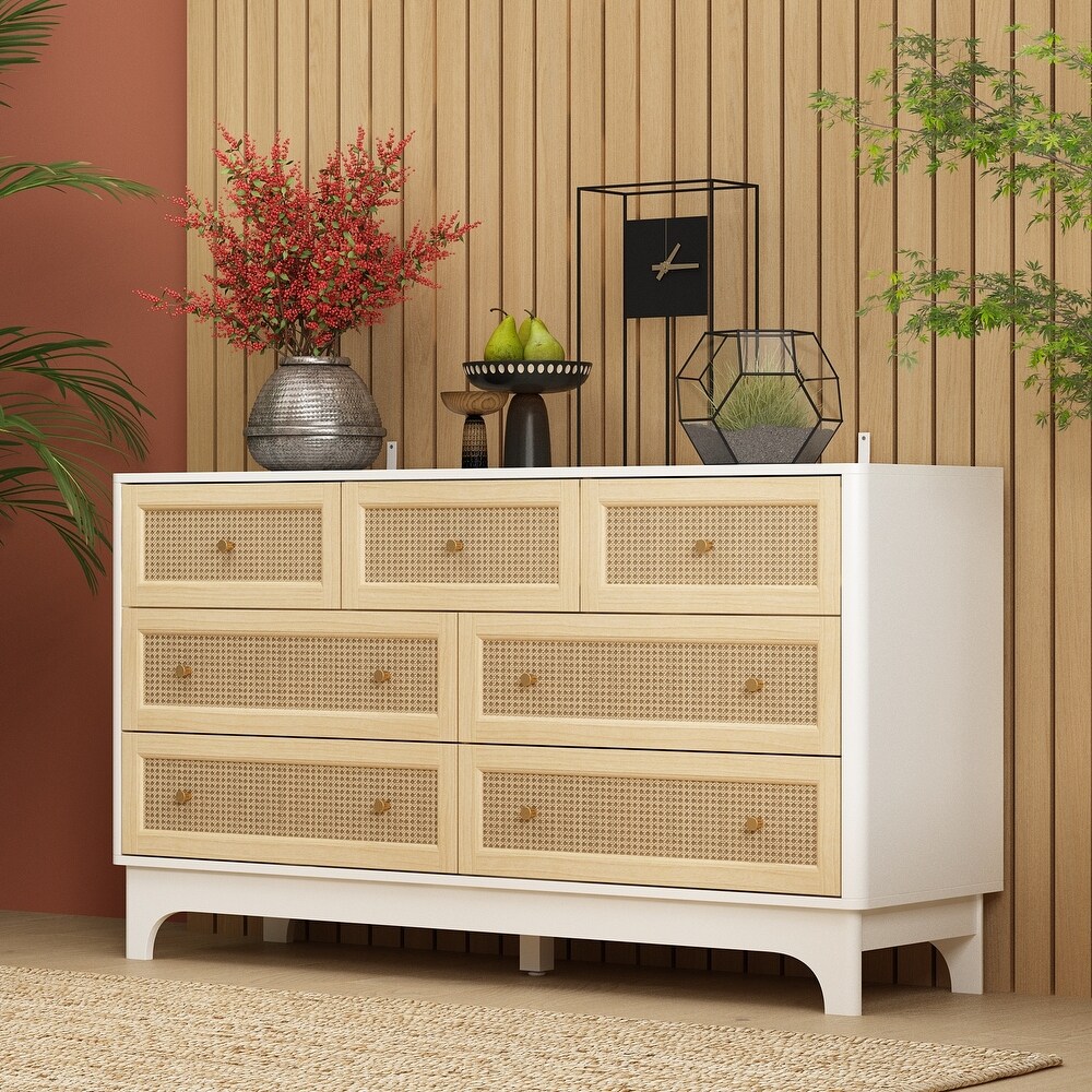 Elegant White Pinewood Dresser with Wicker Detailing Chest Of Drawers