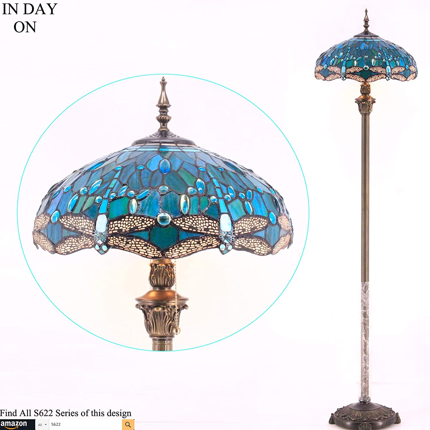 BBNBDMZ Tiffany Floor Lamp Dragonfly Green Stained Glass Standing Reading Light 16X16X64 Inches Antique Pole Corner Lamp Decor Bedroom Living Room  Office S622 Series