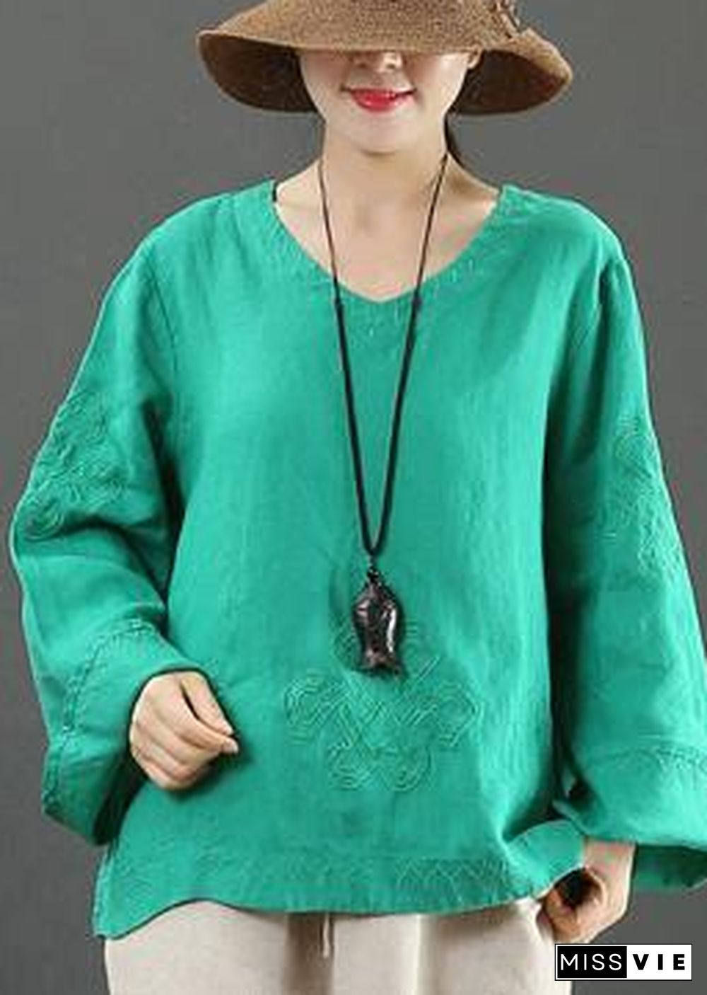 Elegant V Neck Embroidery Spring Tops Women Neckline Green Shirt