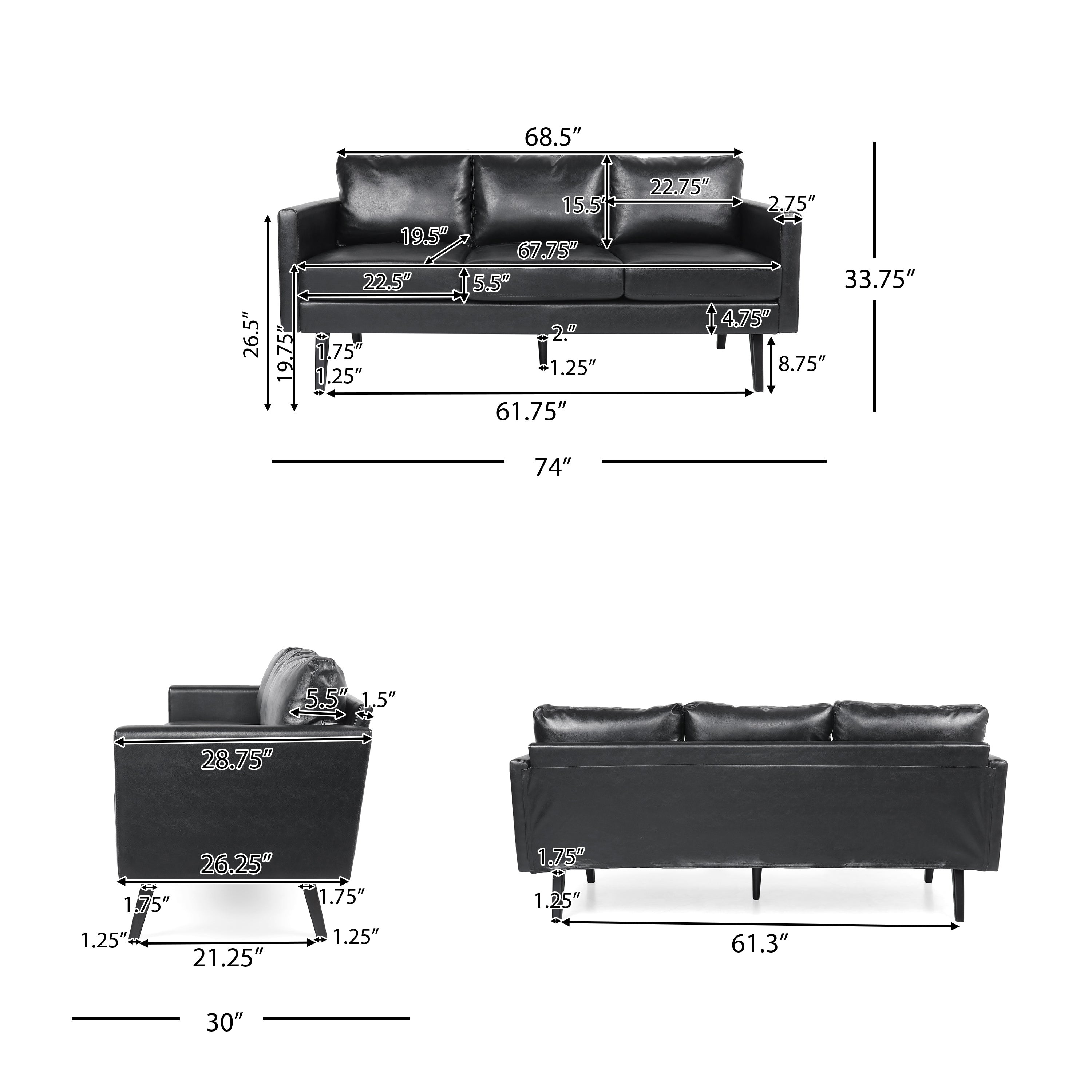 Dowd Mid Century Modern Faux Leather 3 Piece Living Room Sofa Set