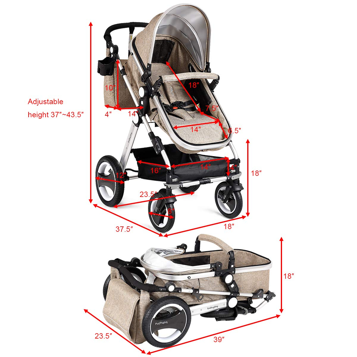 BABY JOY Baby Stroller, 2-in-1 Convertible Bassinet Reclining Stroller, Foldable Pram Carriage with 5-Point Harness